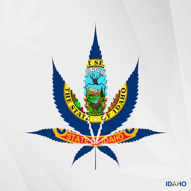 Flag of Idaho in Marijuana leaf shape. The concept of legalization Cannabis in Idaho. Medical cannabis illustration.