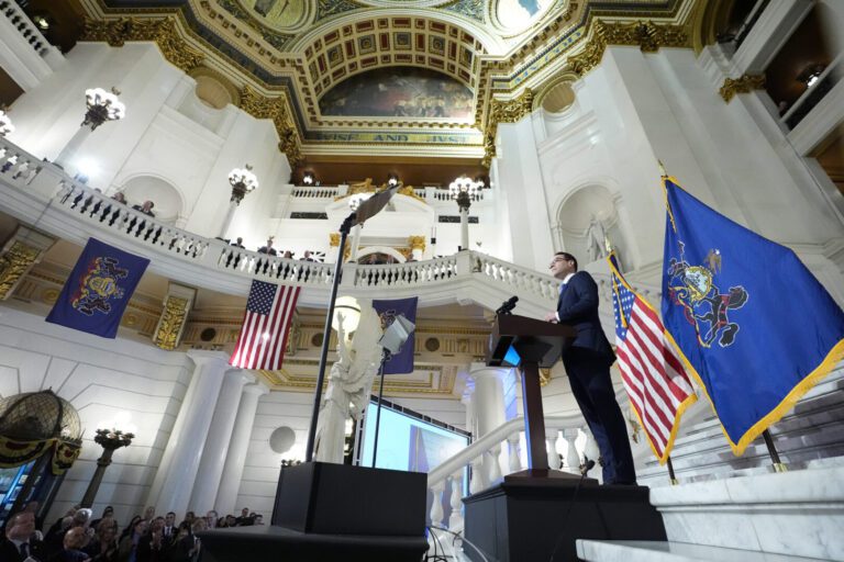 Gov. Josh Shapiro delivers his budget address for the 2024-25 fiscal year to a joint session of the Pennsylvania House and Senate in the Rotunda of the state Capitol in Harrisburg, Pa., Wednesday, Feb. 6, 2024. (AP Photo/Matt Rourke)