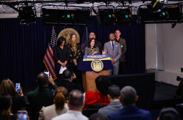 NEW YORK, NY - FEBRUARY 28: New York State Governor Kathy Hochul speaks during a press briefing about complaints from the licensed cannabis industry on February 28, 2024 in New York City. Hochul was joined by cannabis stakeholders and advocates, including representatives of organizations that published an open letter to the governor on Tuesday that raised the alarm about social media companies promoting unlicensed retailers. (Photo by Kena Betancur/VIEWpress via Getty Images)