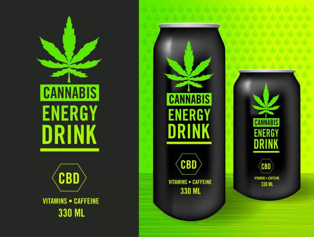 Vector illustration Cannabis Infused Energy Drink Label design set with packaging mock-up sample template. Includes label design with cannabis leaf and text design, can design mock-up. Easy to edit vector drawing in EPS 10 format.