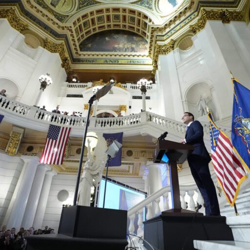 Gov. Josh Shapiro delivers his budget address for the 2024-25 fiscal year to a joint session of the Pennsylvania House and Senate in the Rotunda of the state Capitol in Harrisburg, Pa., Wednesday, Feb. 6, 2024. (AP Photo/Matt Rourke)