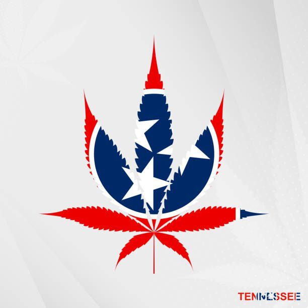 Flag of Tennessee in Marijuana leaf shape. The concept of legalization Cannabis in Tennessee. Medical cannabis illustration.