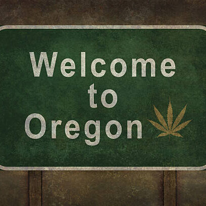 Welcome to Oregon road sign illustration with distressed ominous background and a cannabis leaf insert