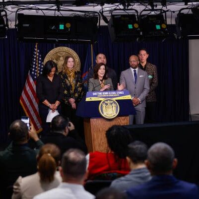 NEW YORK, NY - FEBRUARY 28: New York State Governor Kathy Hochul speaks during a press briefing about complaints from the licensed cannabis industry on February 28, 2024 in New York City. Hochul was joined by cannabis stakeholders and advocates, including representatives of organizations that published an open letter to the governor on Tuesday that raised the alarm about social media companies promoting unlicensed retailers. (Photo by Kena Betancur/VIEWpress via Getty Images)