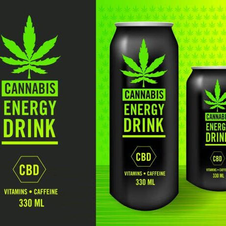 Vector illustration Cannabis Infused Energy Drink Label design set with packaging mock-up sample template. Includes label design with cannabis leaf and text design, can design mock-up. Easy to edit vector drawing in EPS 10 format.